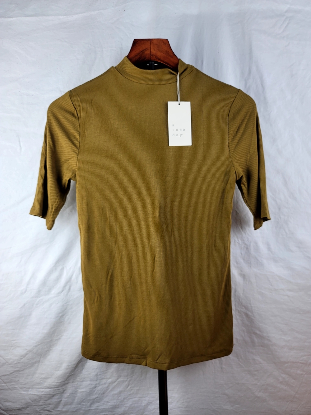 NWT A New Day Target Ribbed Mock Neck Top Olive Green XS Short Sleeve